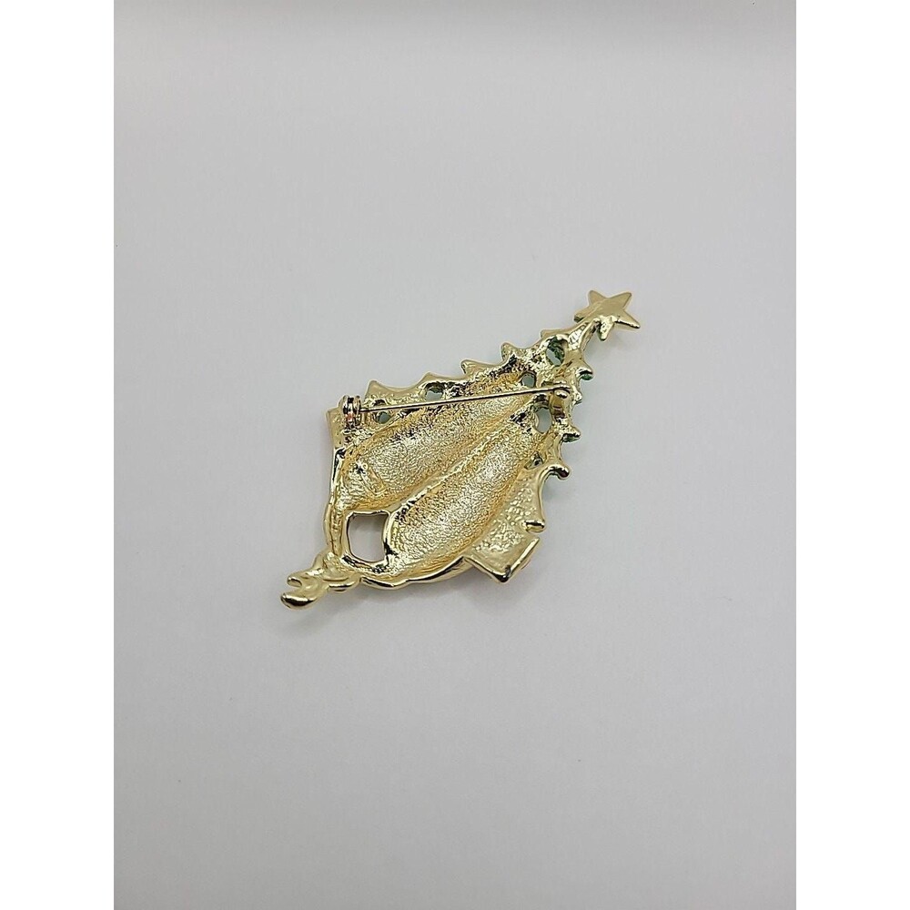 Vintage‎ AJC Christmas Cats Brooch: Gold Tone Glitter Enamel Tree Pin - Picture 9 of 10